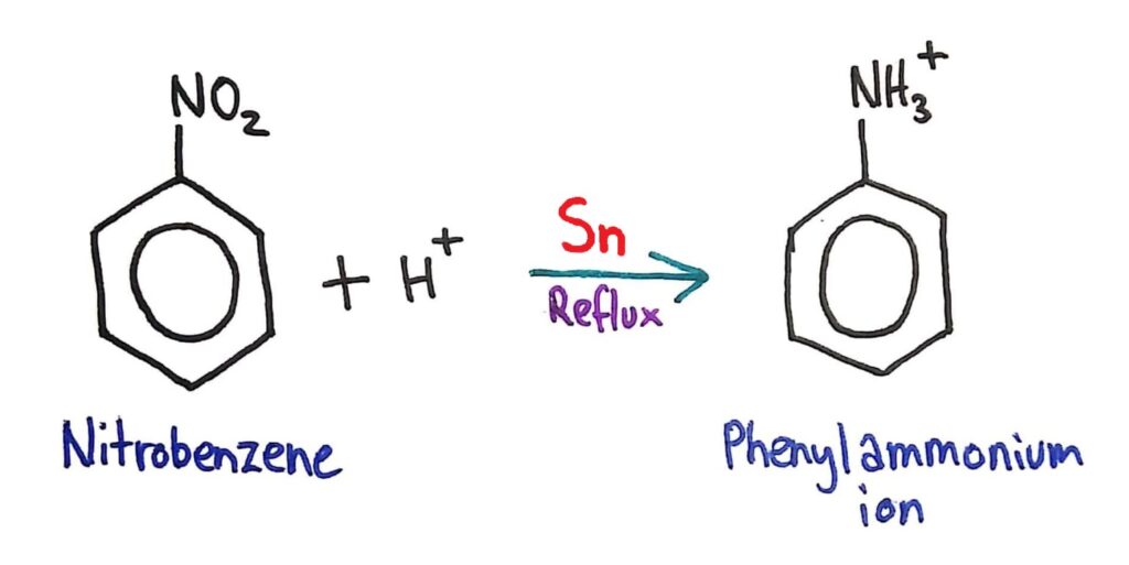Nitrobenzene -> phenylammonium ion